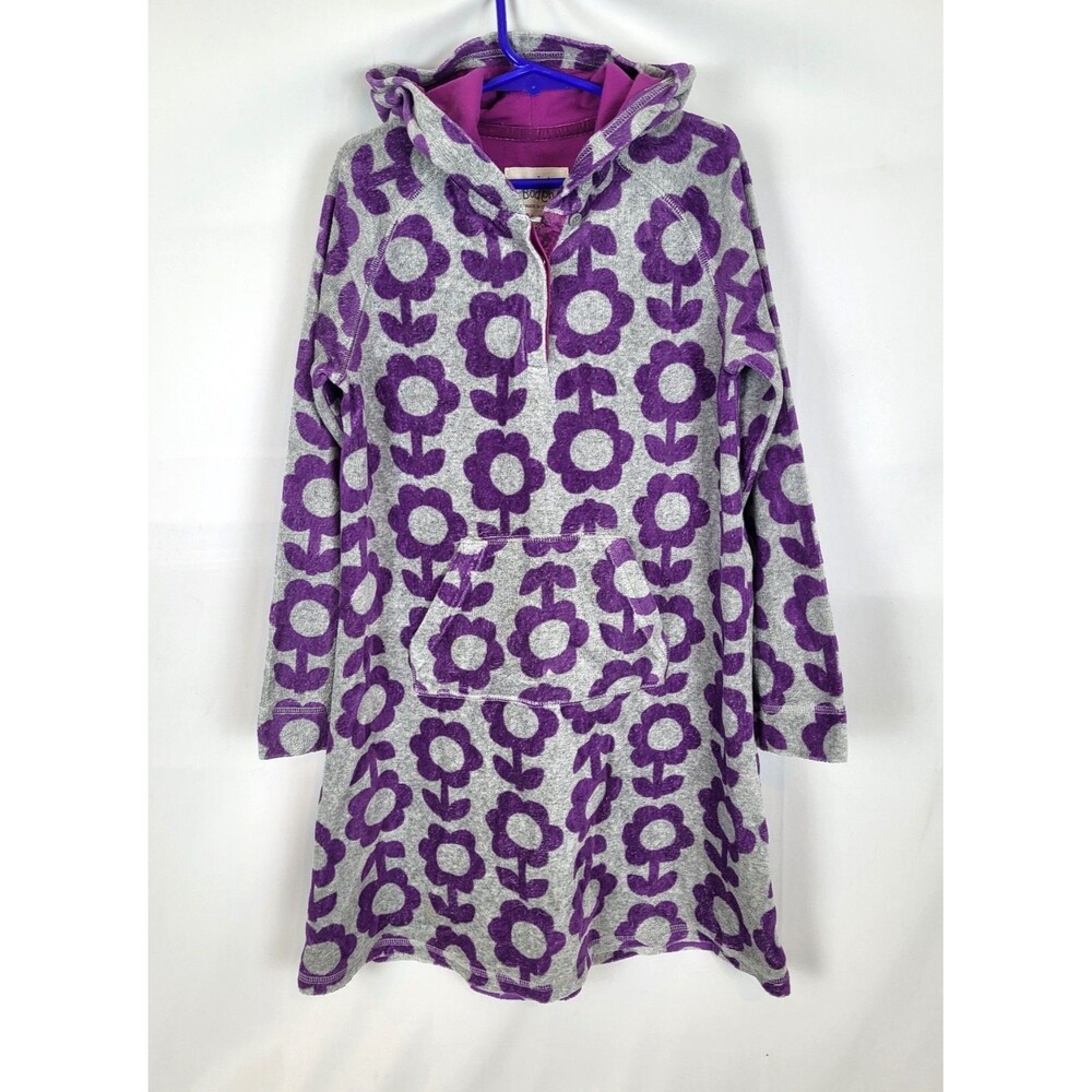 Mini Boden Velour Hooded Dress Girls 9 10 Gray Purple Flowers